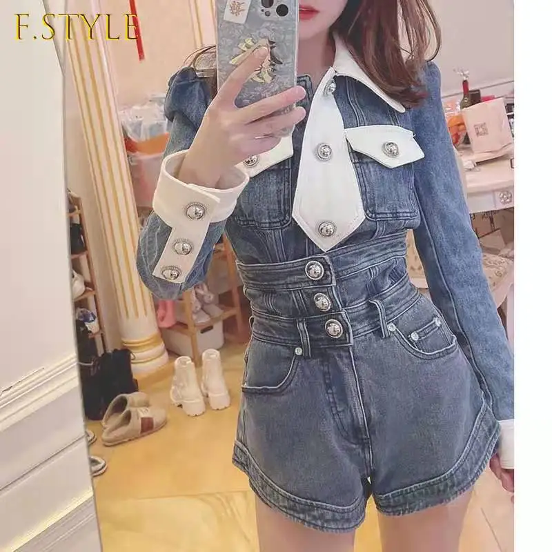 F GIRLS Button Wide Leg Shorts Jeans Casual Fall New 2022 Lapel Long Sleeve Contrast Patchwork Blue Denim Coat 2piece Outfits