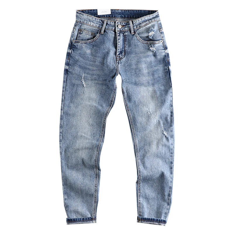 Pocket holes simple heavy water washed old blue jeans men's Korean style spring and summer new slim feet