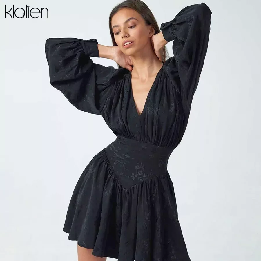 

KLALIEN Fashion Black Chiffon Printing Elegant Loose Mini Dress New Women Lantern Full Sleeve Pleated Slim Party Night Dresses