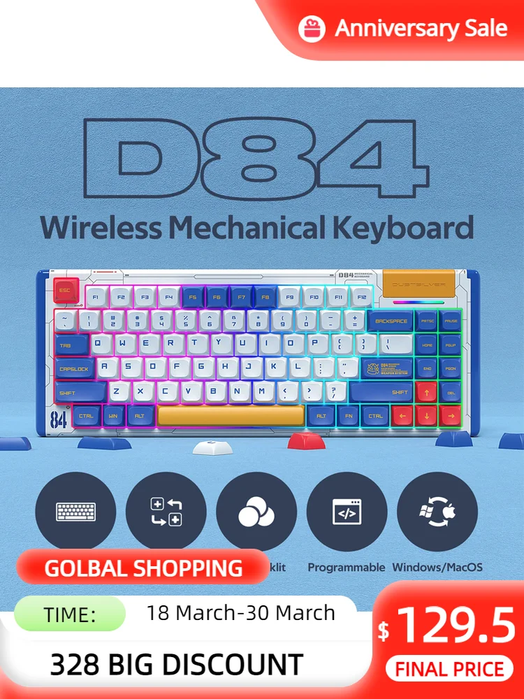 

DUSTSILVER D84 Wireless Triple Mode 2.4G/BT5.0/USB-C Hot-swappable 75% RGB Backlit Tactile Gaming Mechanical Keyboard