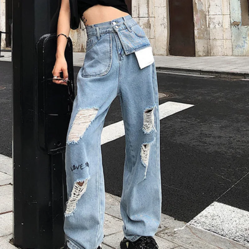 Loose Jeans High Waist Women Casual Hole Ripped Denim Trousers Wide Leg Light Blue Streetwear Vintage Pants Streetwear Plus Size