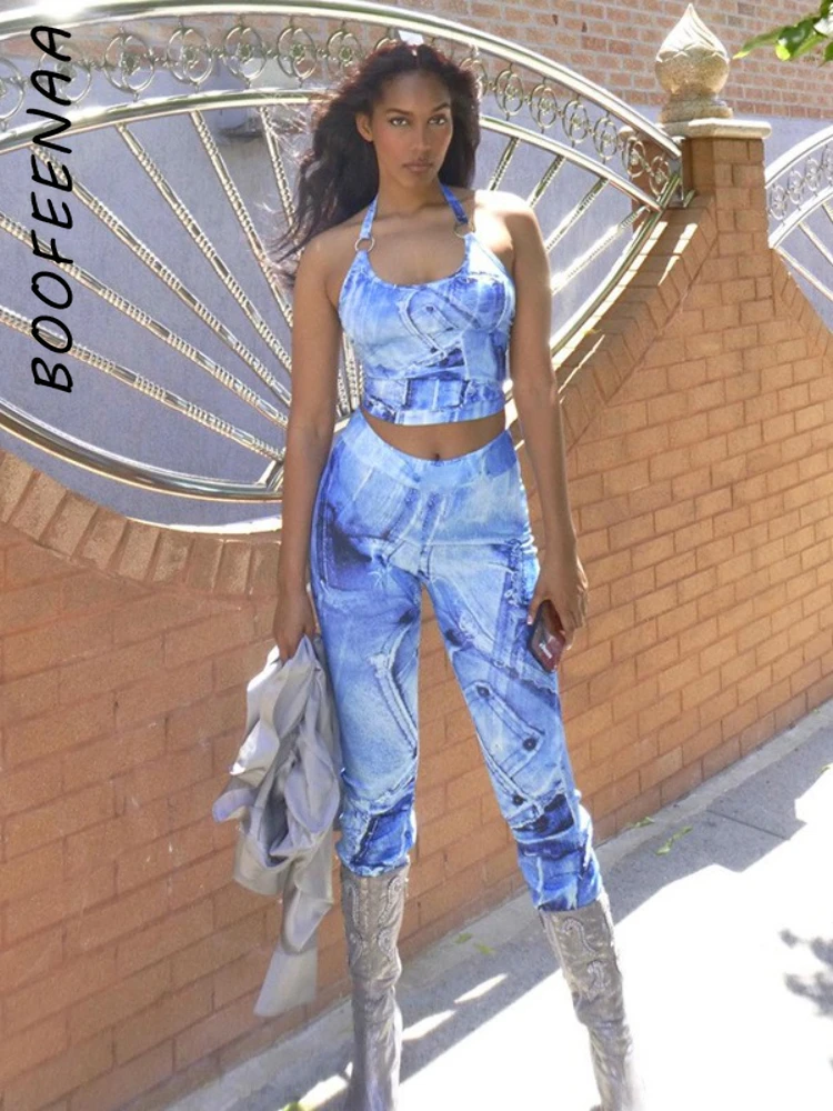 

BOOFEENAA 3D Denim Print Sexy Pant Suit Y2k Streetwear Women Clothes 2 Piece Set Crop Top and Flare Pants Matching Sets C85-DZ27