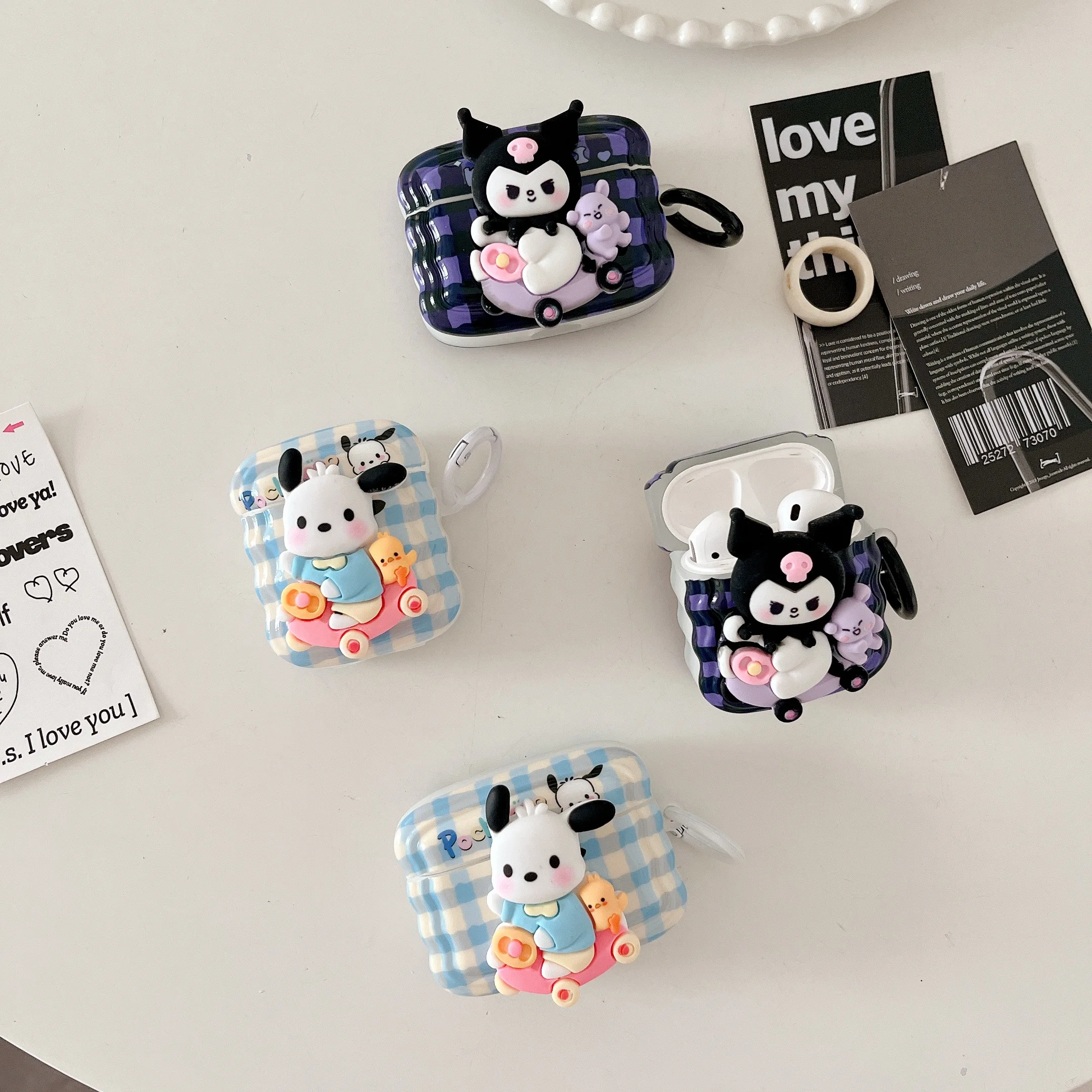 

3D Sanrio Kuromi Pochacco Three-Dimensional Black Plaid Earphones Case for Apple AirPods Air Pods 1 Pro 2 3 Protective Cover Box