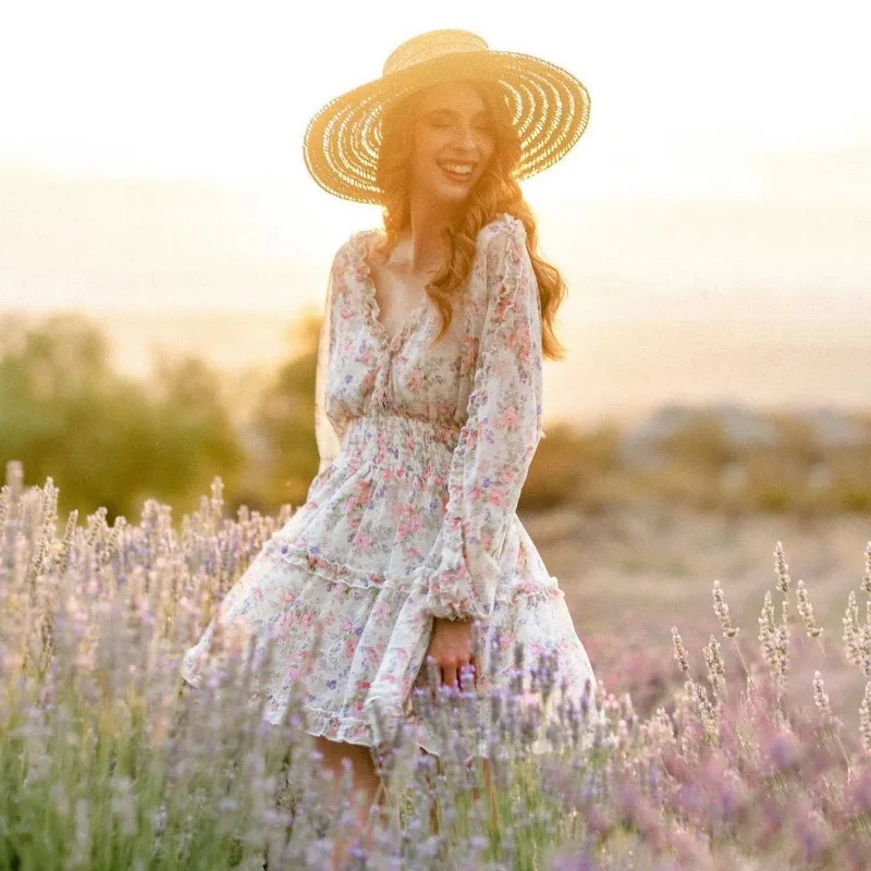 

Ins Chic Pink Floral Printed Chiffon Dresses for Women 2022 Spring Elegant Ruffles Long Sleeve Mini Dress Bohemian Vestidos