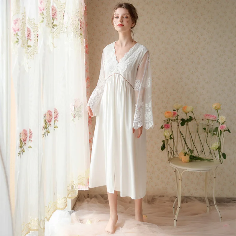 2023 New Women's Pajamas,French High-grade Lace Spring and Autumn Long Cotton Mesh Embroidery,V-neck Sexy Sleepshirt,Nightdress