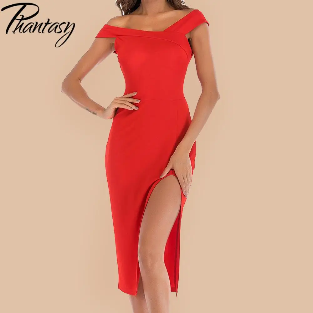 

Phantasy Fashion Office Lady Dress for Women Slit Sexy Elegant Dress Female Summer Slim Slash-Neck Party Evening Dress Clothes