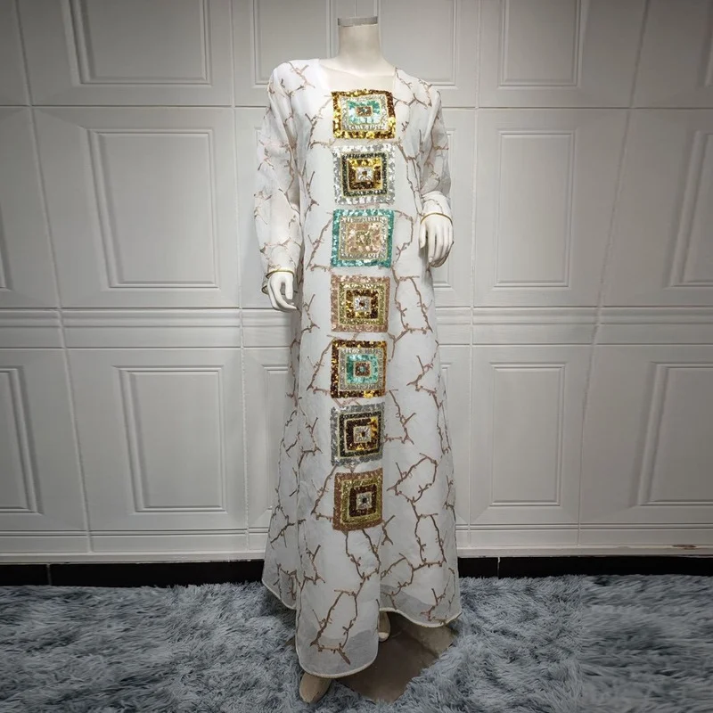 White Abayas For Women Dubai 2022 Ramadan Kaftan Arabe Luxury Sequin Long Sleeve Dress Robe Musulmane Djellaba Femme Boubou