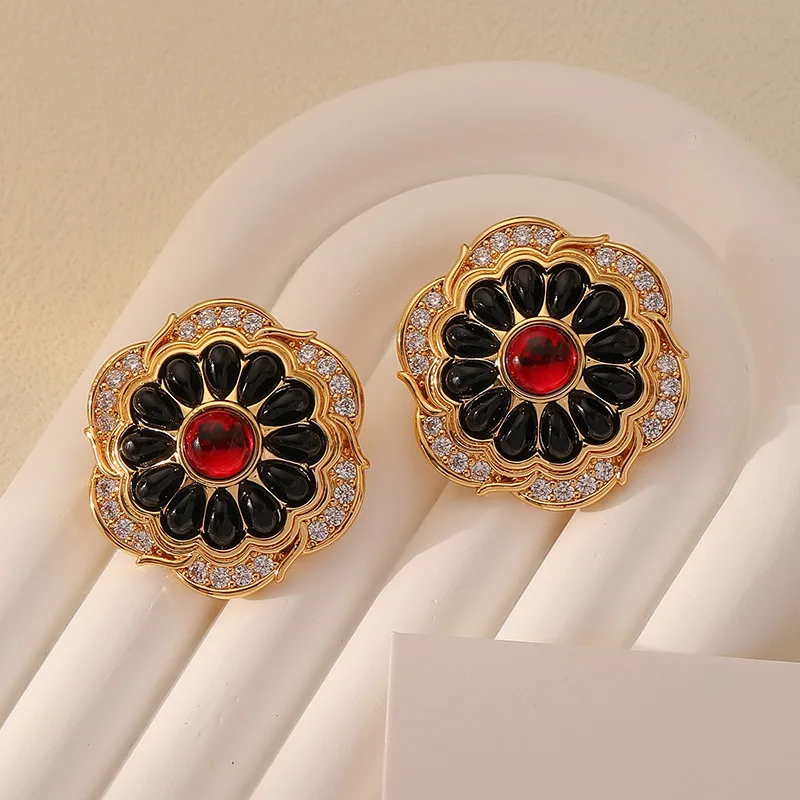 

French Vintage Fashion Black Agate Enemal Flower Gems Rhinestone Ear Studs Flora CZ Hoop Earring Black Zircon Jewelry Wholesale
