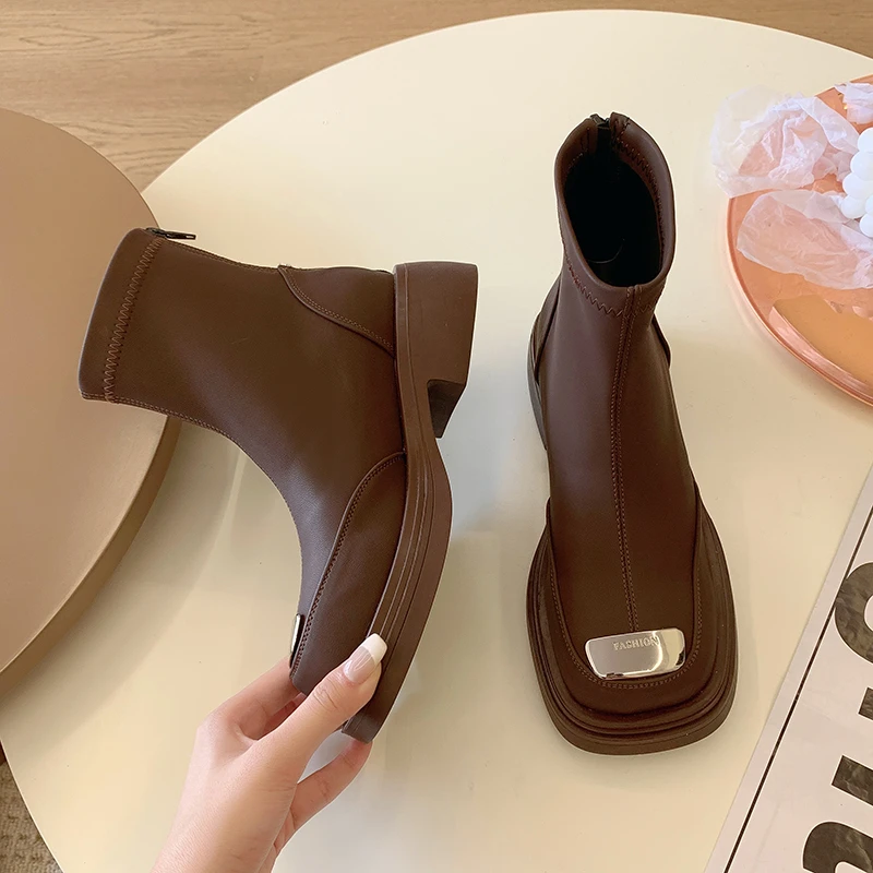 Autumn Chunky Heightening Genuine Leather Platform Women Round Toe Short Boot Shoes Ankle Elastic Boots Handmade Chelsea Boots