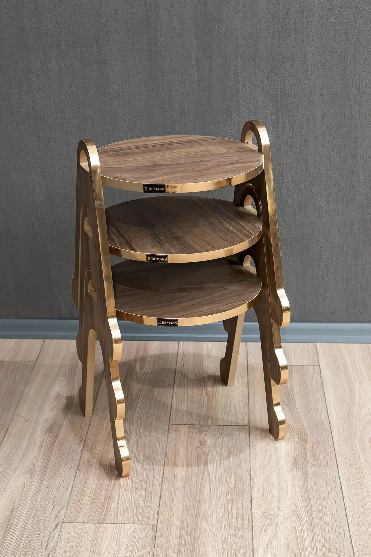 

World 3'lü Zigon Coffee Table Tea Table Serving Stand-Walnut/Gold