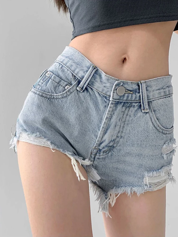 Summer Women High Waist Slim Fit Hole Blue Denim Shorts Streetwear Female Frayed Raw Hem Button Retro Jeans Shorts