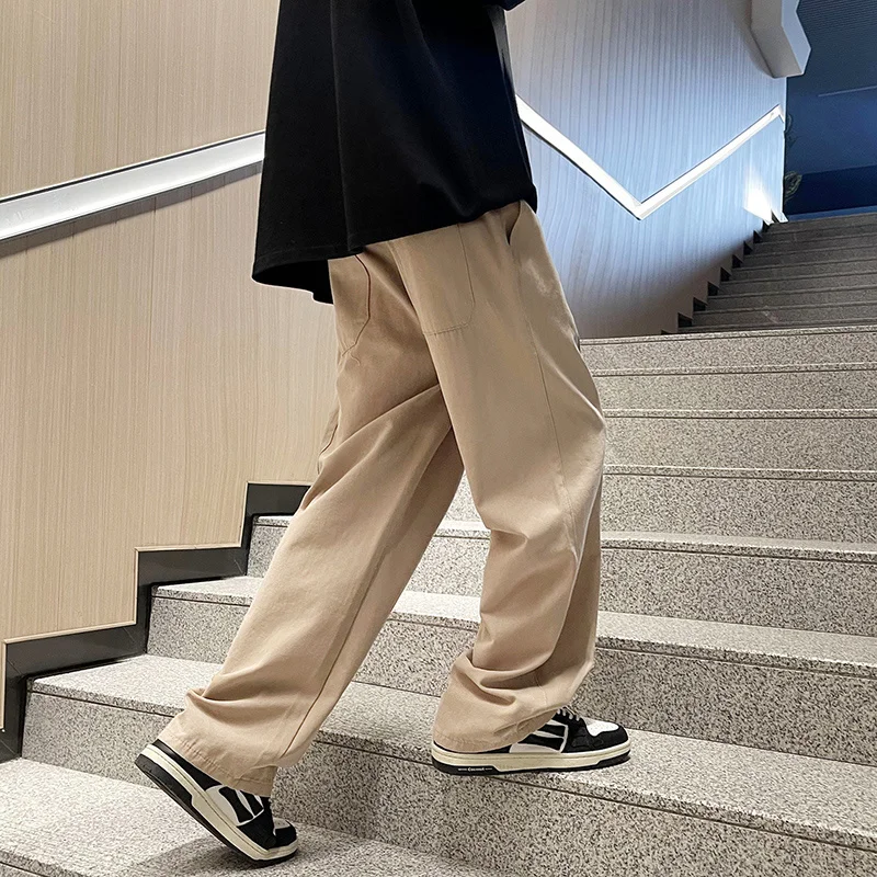 

Summer Men's Straight Loose Khaki Thin Casual Pants Korean Fashion Streetwear Elastic Waist Soft Simple Trousers Male