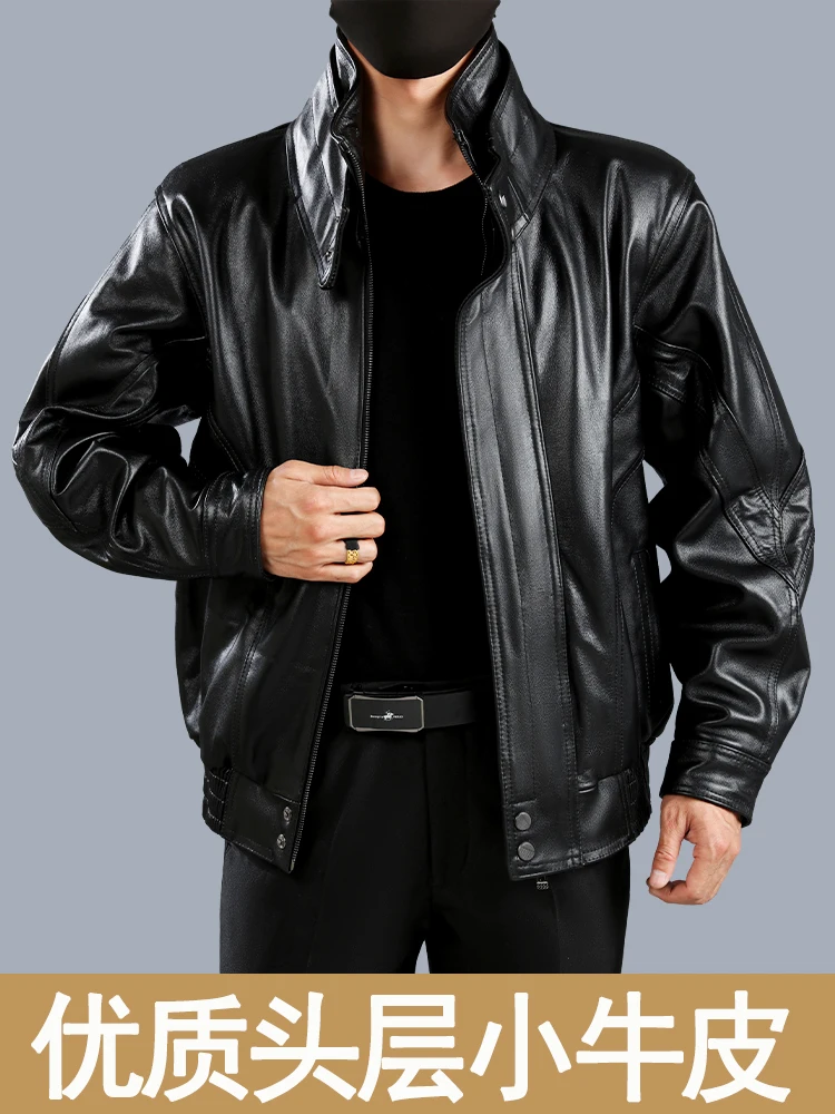Genuine Leather Coat Men's First Layer Calfskin Stand Collar Motorcycle Leather jacket Middle-Aged and Elderly Cotton Added O...