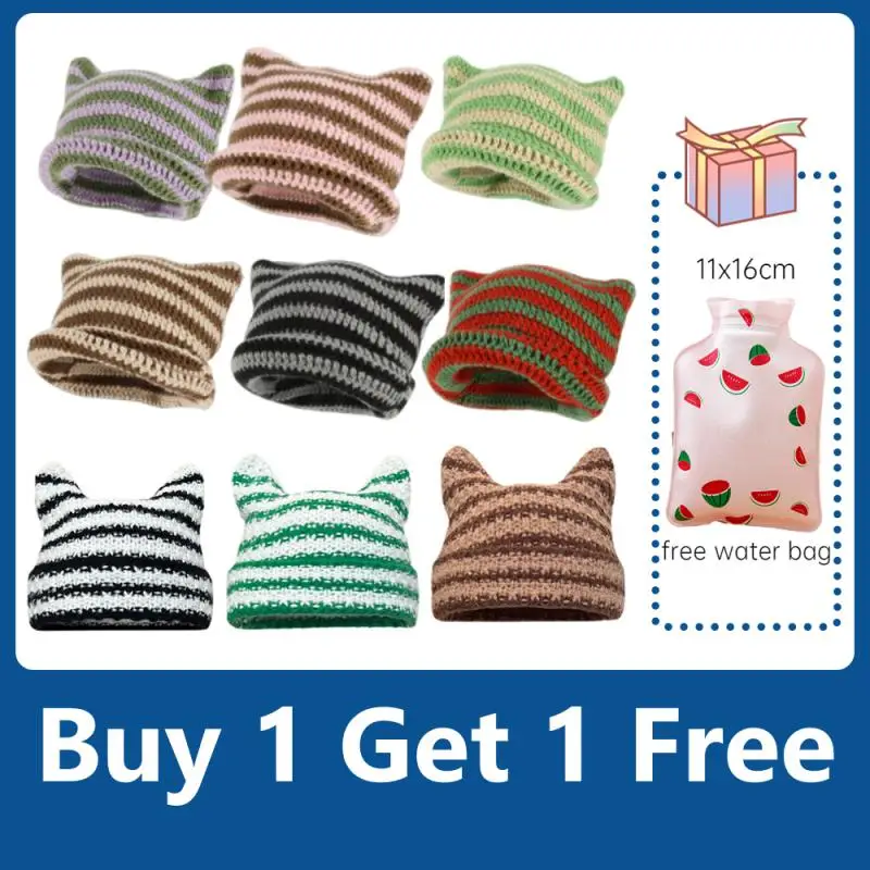 

Вязаная Шерстяная Шапка-бини в полоску с кошачьими ушками