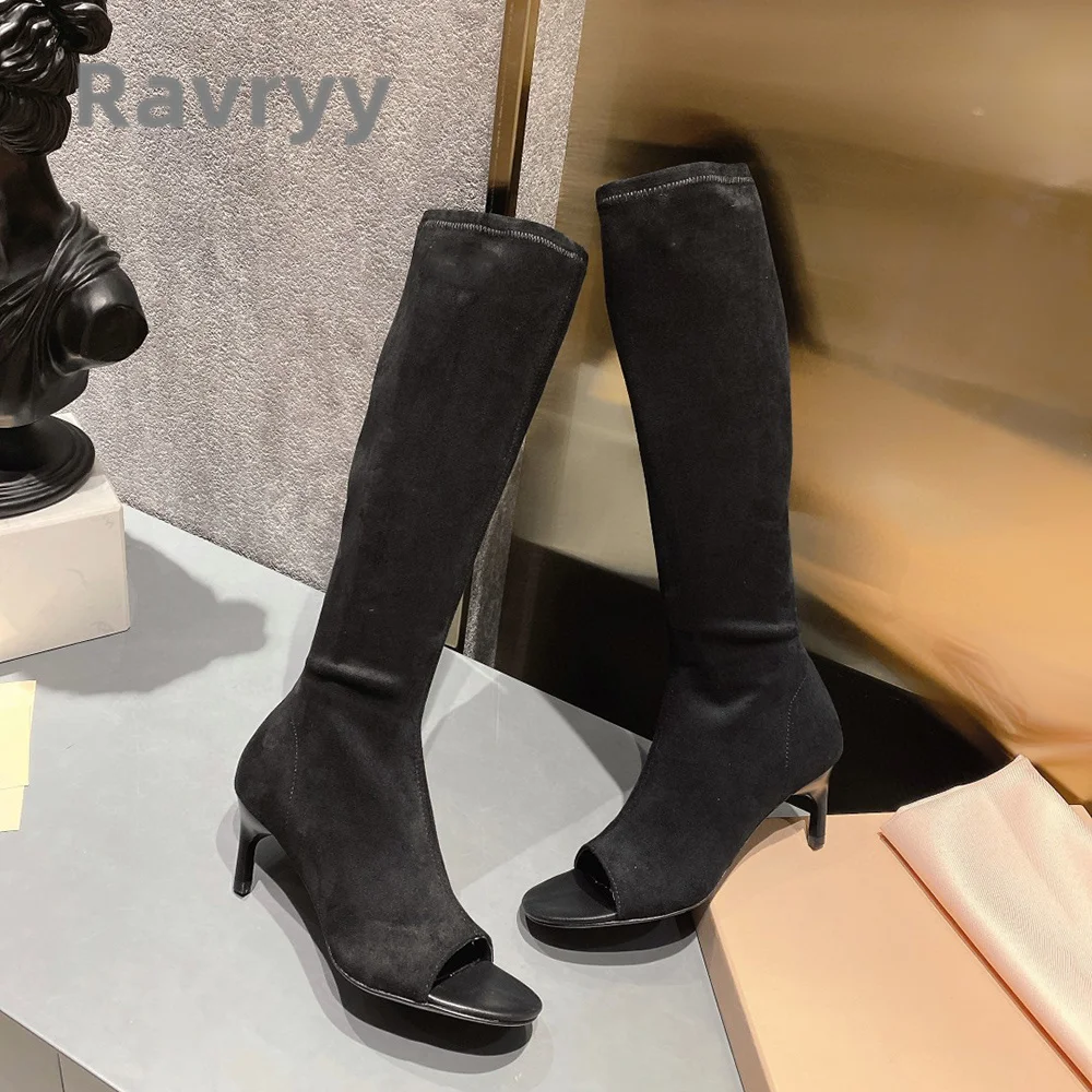 Knee Length Side Zipper Fashion Fishmouth Boots Kitten Heel Sewing Versatile and Concise Sheepskin Kid Suede Women's Boots