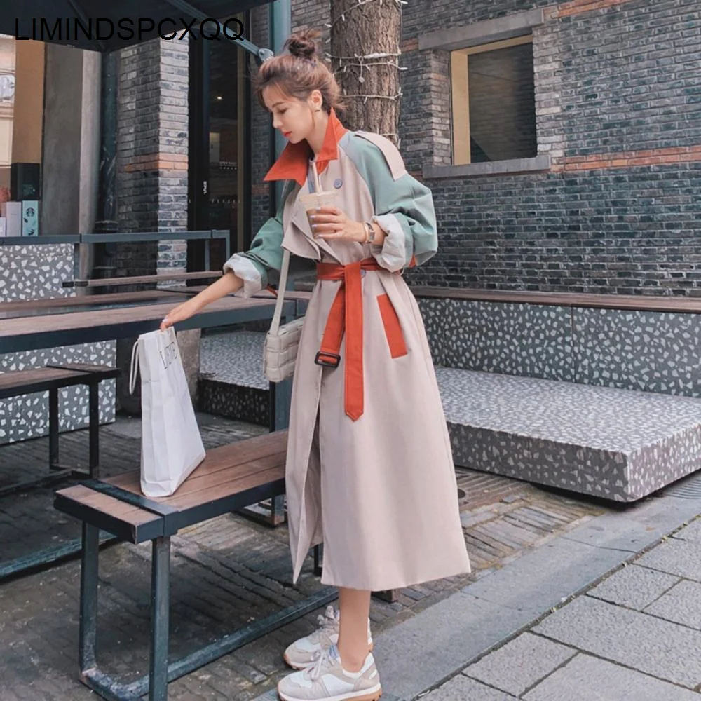 

Женская Длинная ветровка в британском стиле, длинное Свободное пальто в Корейском стиле с поясом, подходящего цвета, весна-осень 2023