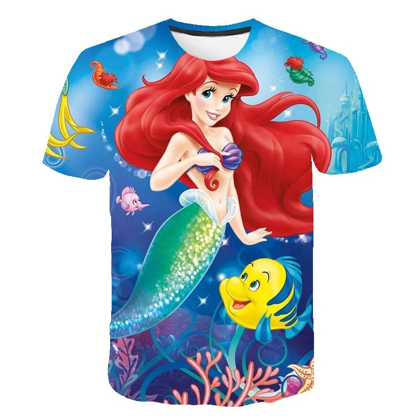 

2023 Summer Fashion Mermaid T-Shirts Girls T-Shirts 3D Printing Ariel Princess T Shirts Kids Anime Short Sleeves Casual Top Tee