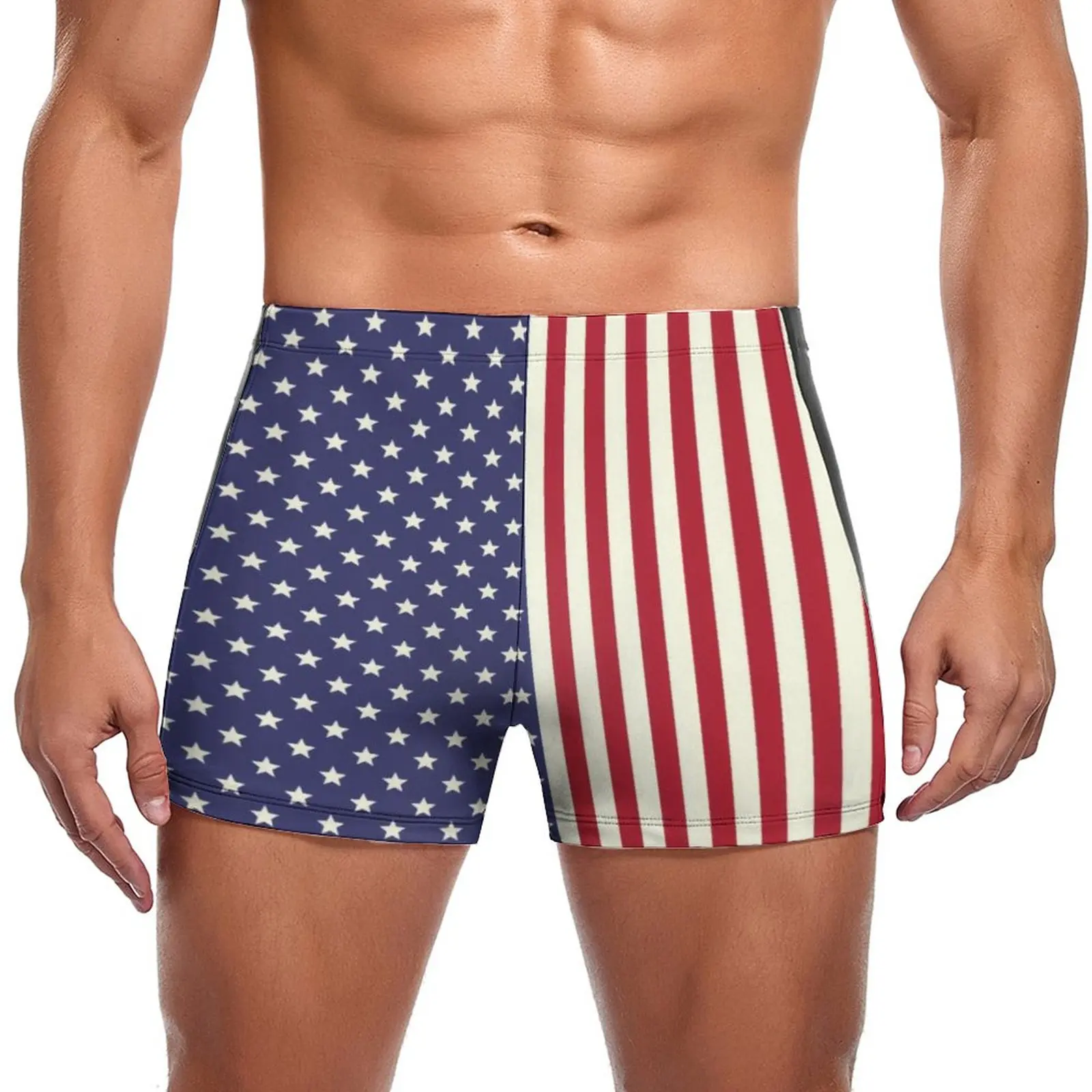 

American Flag Patriotic Swimming Trunks Two Tone Stars Print Trending Training Swim Boxers Push Up Elastic Man Swimwear