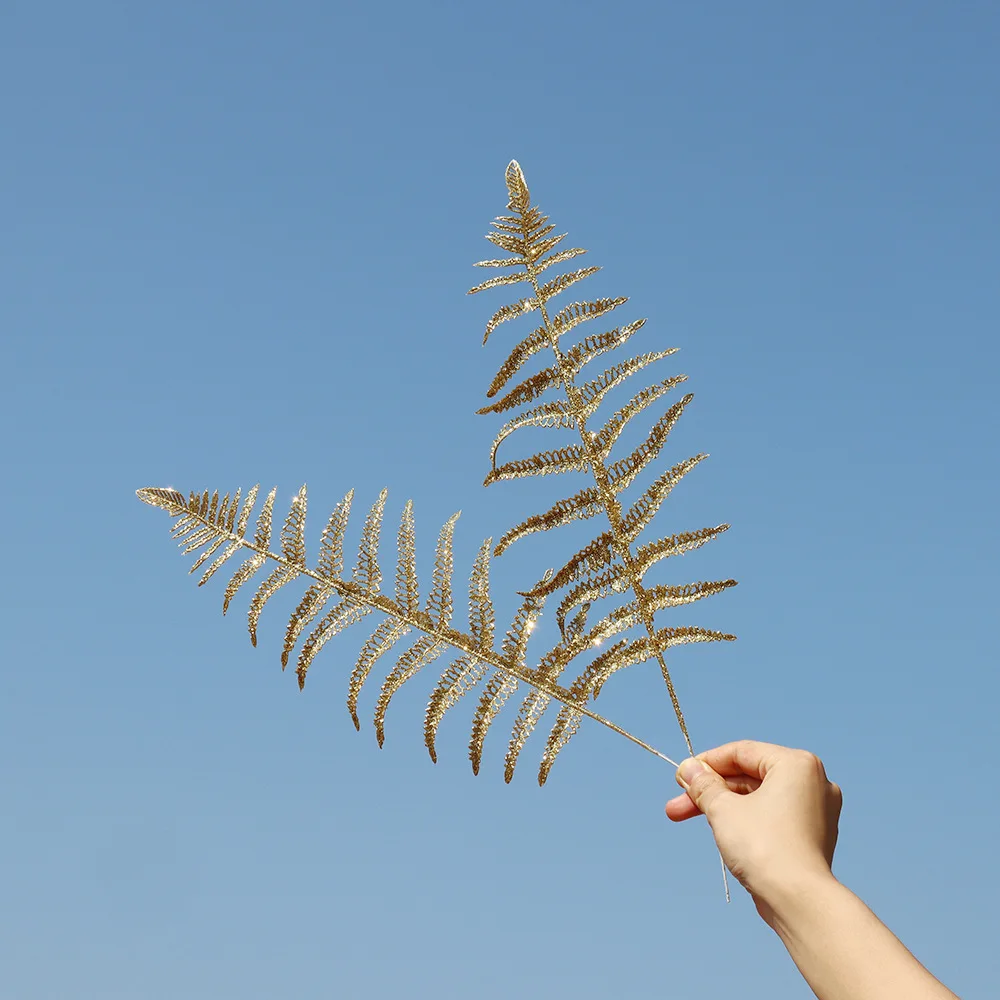 

20p Golden Christmas Tree Decoration Leaves Glitter Hollow Single Branch Persian Leaf Artificial Plant Home Party Decor Supplies