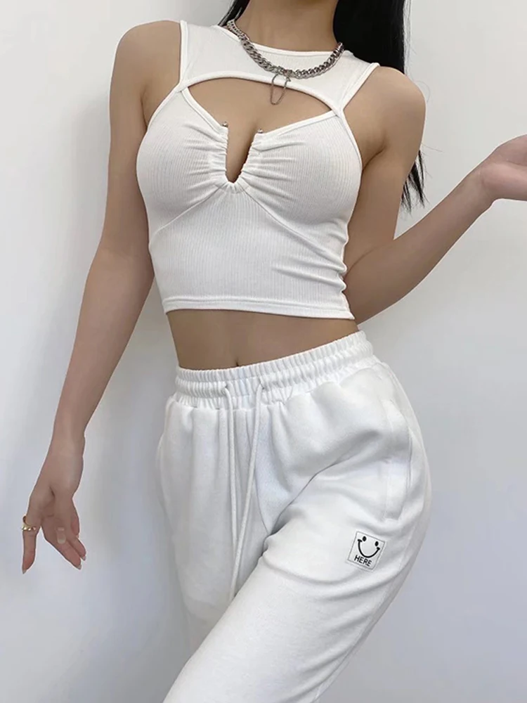 

Summer Sexy Hollow Out Deep V-neck Tank Top 2022 Women Solid Color Sleeveless Knitted Elastic Slim Tops