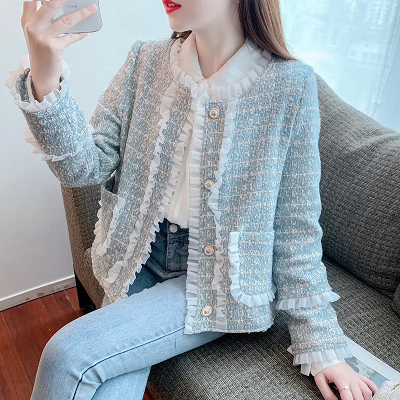 

Elegant Design Tweed Jacket Women Lace Ruffles Patchwork Cropped Coat Korean Fashion Long Sleeve Luxury Outwear Casual Chaquetas