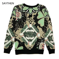 saythen autumn and winter new style european and american retro flower jacquard long sleeved round neck sweater top