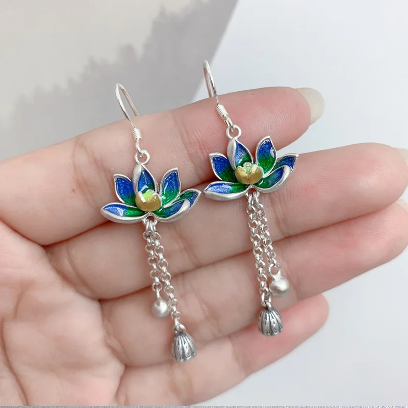 

925 Sterling Silver Enamel Colorful Lotus Tassel Earrings Vintage Ethnic Style Flower Long Hanging Earrings for Women EH218