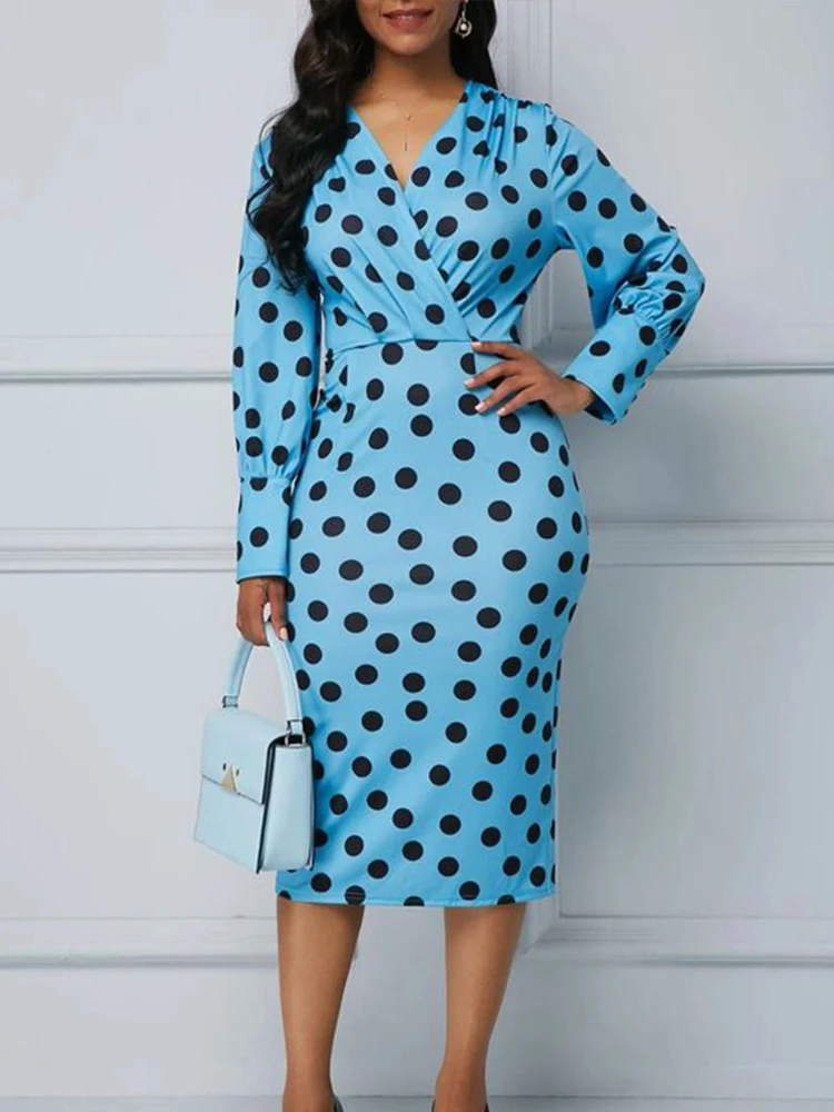 

Women Printed Bodycon Dress Polka Dot V Neck Sheath Elegant Classy Office Lady Female African Midi Modest Package Hip Retro Robe