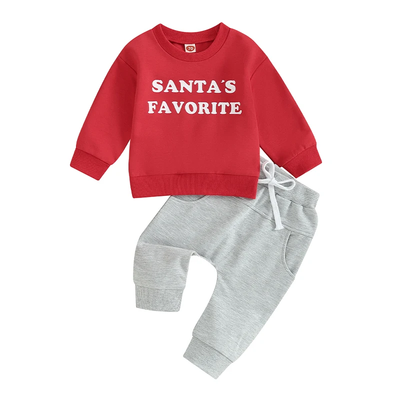 

Комплект одежды для мальчиков, свитшот с длинным рукавом и надписью, штаны на Рождество, однотонная Одежда для новорожденных