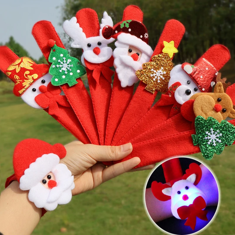 

1/10 шт., рождественские светящиеся ленты для хлопка, детские игрушки, детские новогодние подарки, красный флокированный случайный светящийся забавный рождественский браслет с изображением Санта-Лося