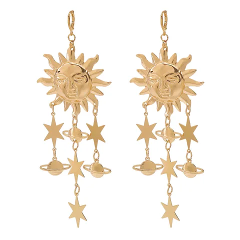 Европейские и американские модные серьги со звездой и Луной и бахромой, металлические серьги в стиле ретро с изображением солнца и Вселенной
