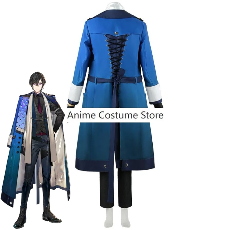 Youtuber Vtuber Shikinagi Akira Nijisanji Voltaction косплей костюм парик Аниме Синий Тренч Мужская