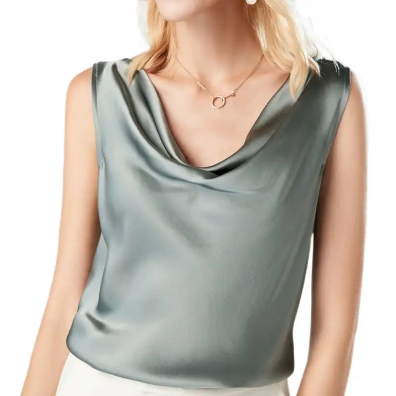 

Women Silk Shirt100%Real Silk Satin Draped Collar Sleeveless Tank Tops 2022 Solid Summer Vests