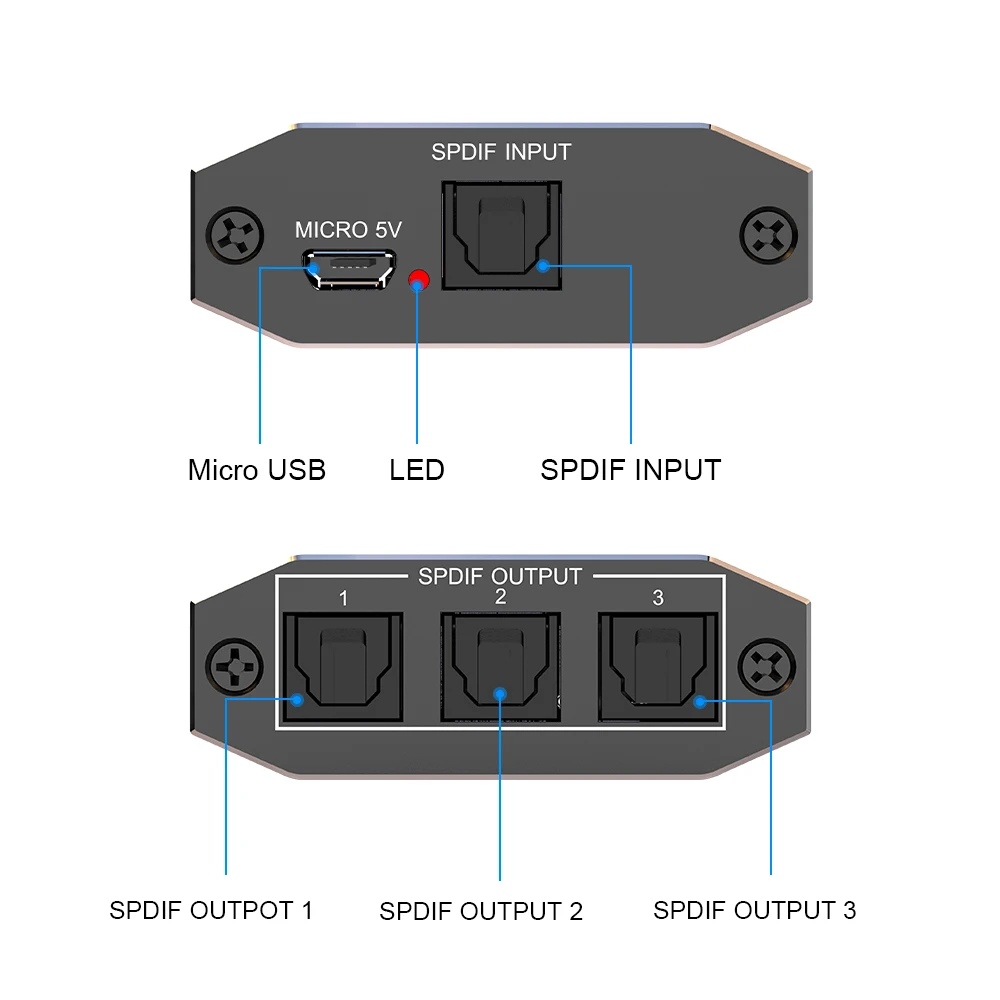 Алюминиевый сплав Spdif Toslink оптический цифровой аудио сплиттер 1x3 Поддержка 5.1CH LPCM 2