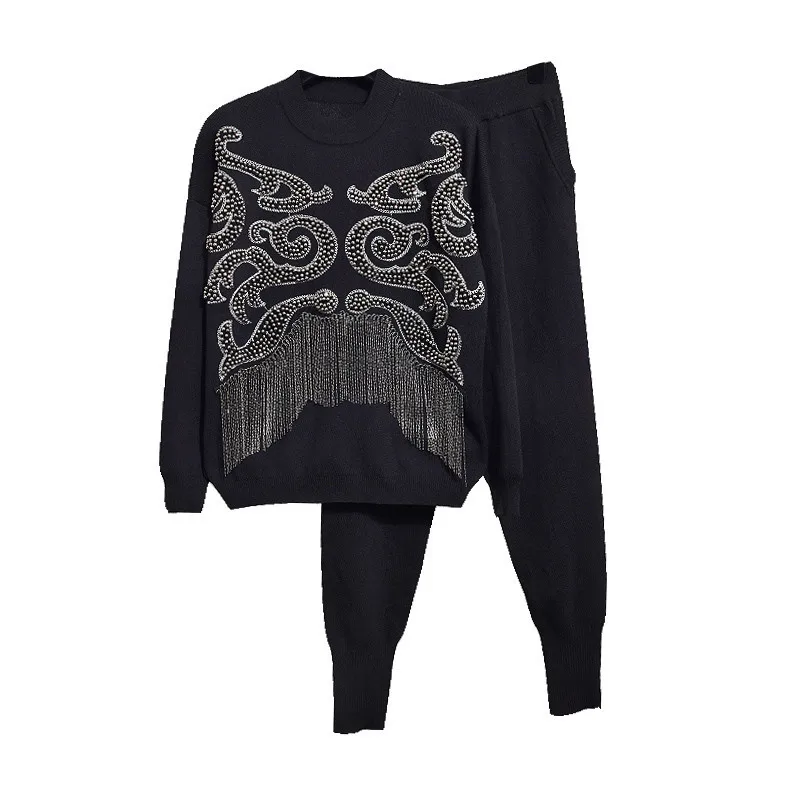 

Autumn Winter Tassel Embroidery Flowers Knitted Women Long Sleeve Sweater + Casual Pencil Pants Ladies Two Piece Outfits G527