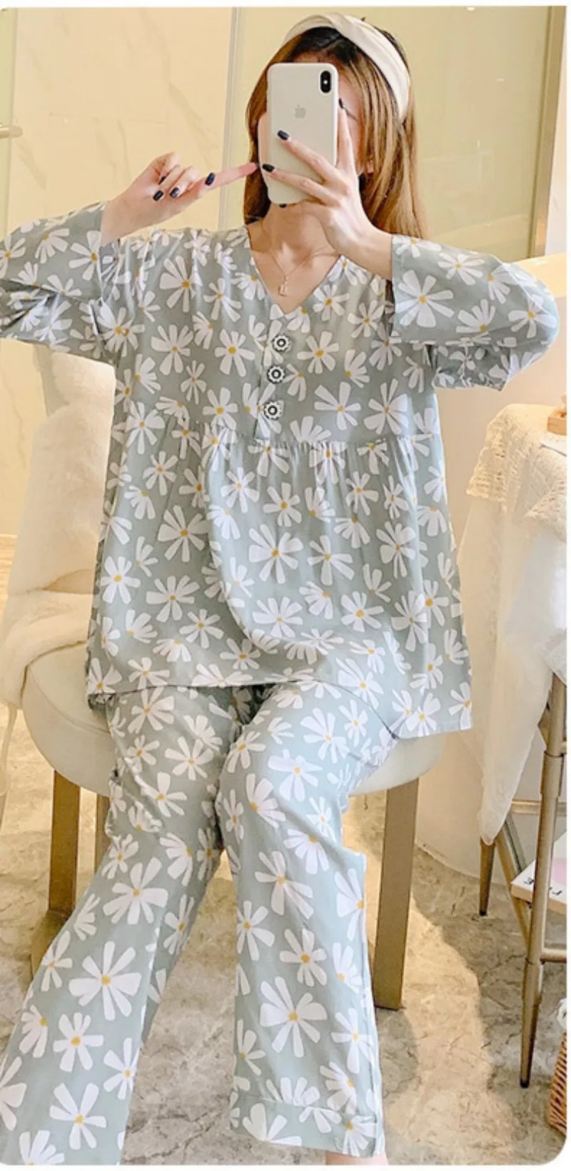 Women Air-Conditioned Leisure Wear V-Neck Suit Cotton Pajamas Youth Thin Online Red Large Size Clothes 3/4 Sleeve Length Simple