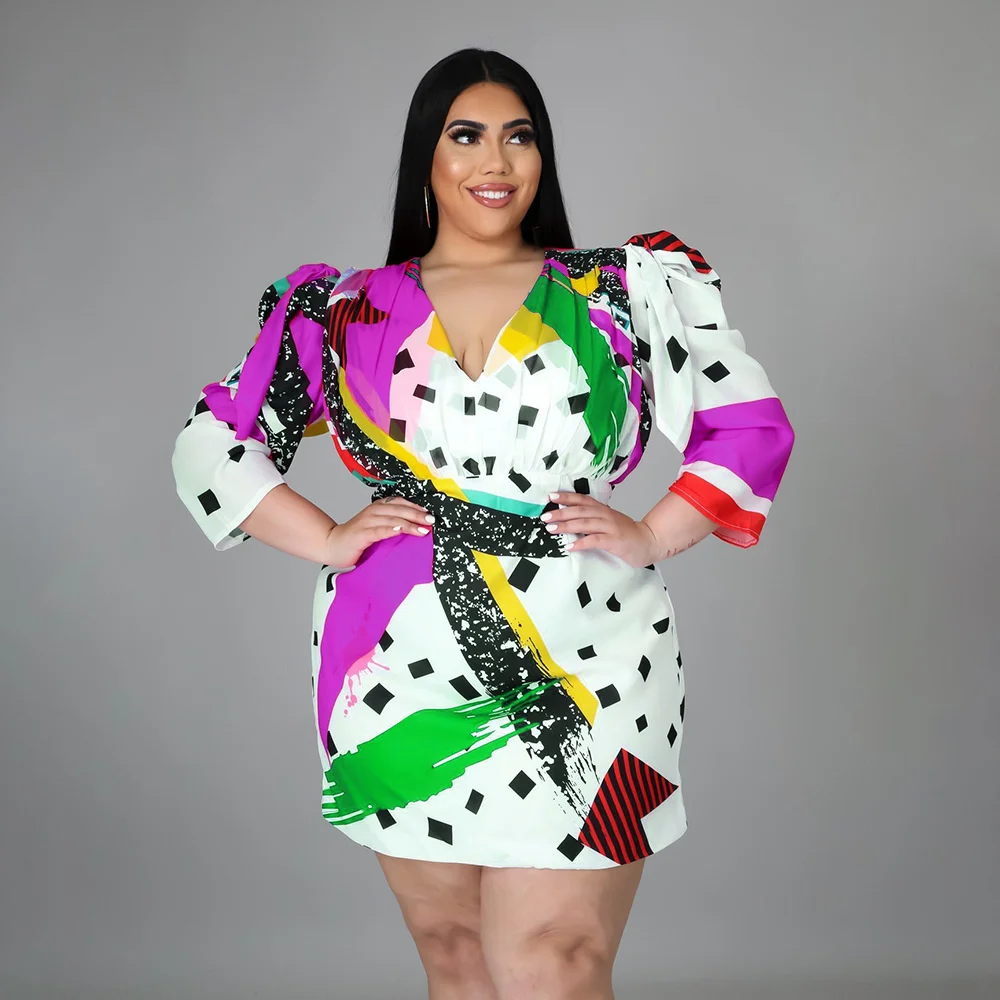 Plus Size Female Dresses Polka Dot Fashion Colorful Printing Half Body Dress Casual V-neck Waist Pullover Short Dress For Women