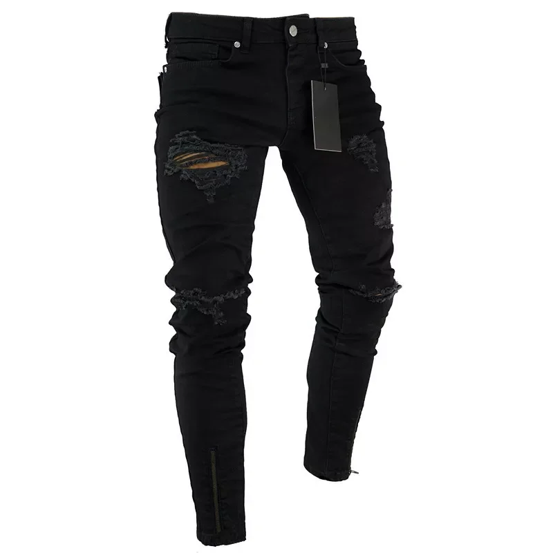 NEW Black Stretch Skinny Fit Bottom Zipper Jeans Men Knee Ripped Distressed Hole Biker Jeans Pants Hip Hop Street XXXL