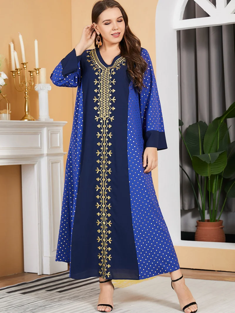 Muslim Dress Women Vintage Embroidery Cotton Long Sleeve Urban Casual Polka Dot Print Robe Abayat Turkey Ramadan