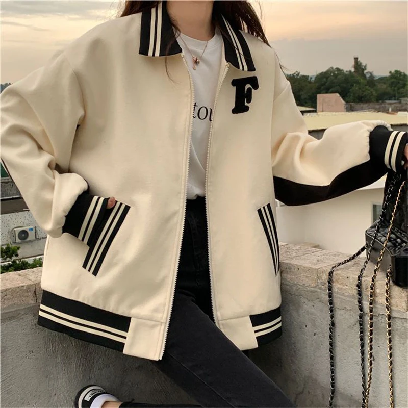 Fashion Women's Letter Print Baseball Uniform Loose Casual Long Sleeve Fleece Thermal Jacket Versatile Winter Outerwear 2022 New