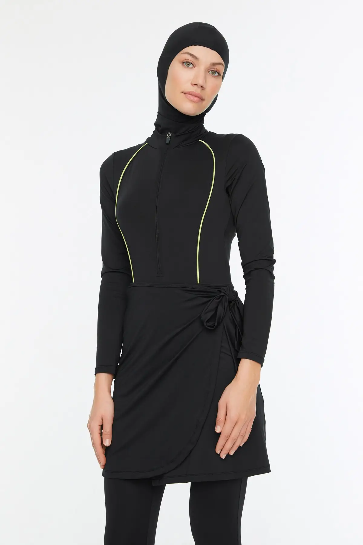 

Muslim Women's Swimwear Black Stripe Detailed Surf 4-Piece Hijab Swimsuit Set Burkini Veiling Made in Turkey