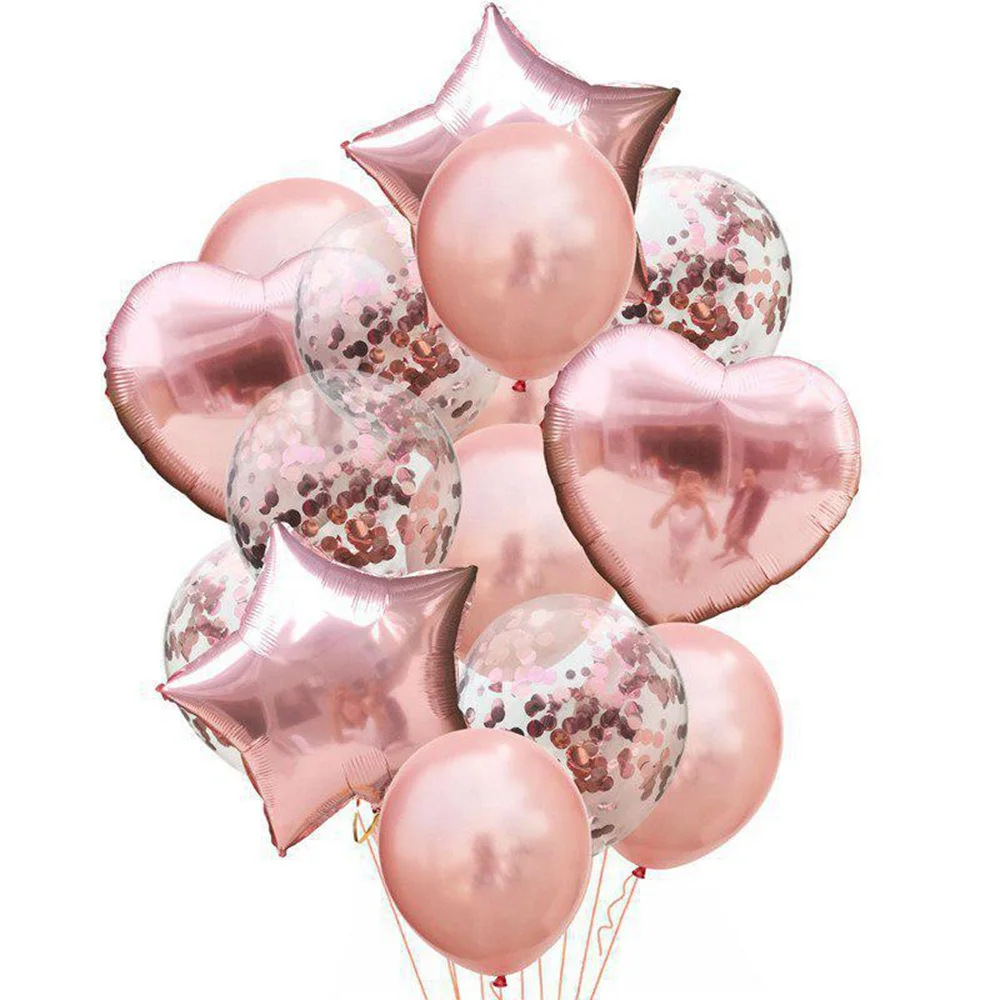 

14 шт./компл. латексные воздушные шары из розового золота с конфетти, золотые воздушные шары, розовые, зеленые звезды, любовные шары, украшени...