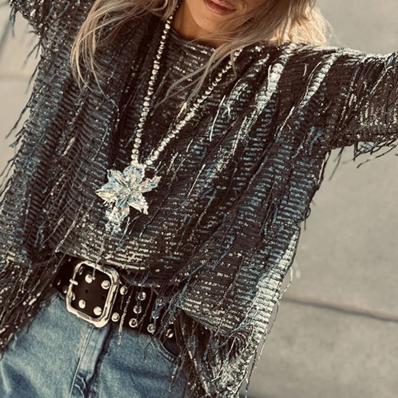 Фото Весенняя элегантная рубашка с бахромой и блестками, Blusa, осенняя женская свободная блузка Casaul, топы, модный пуловер с круглым вырезом и длинными рукавами №1