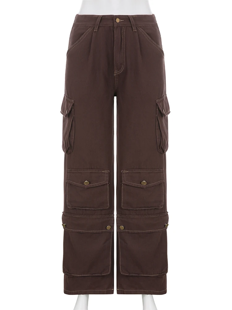 WeiYao Multi-Pockets Streetwear Low Rise Cargo Jeans Woman Brown Vintage 90s Aesthetic Straight Denim Pants Casual Bottoms