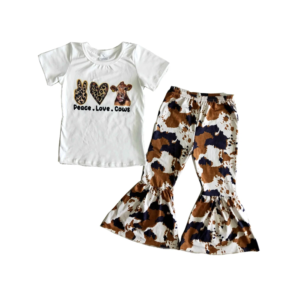 

RTS Fashion Children Dress Baby Girl Clothing Letter Cow Pattern Short Sleeves Top Spots Bell Bottom White Kid Sets