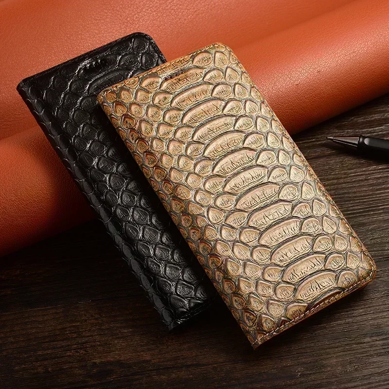 

Python Pattern Genuine Leather Phone Case For Xiaomi Poco C3 C31 C40 C50 C51 C55 Cowhide Magnetic Flip Protective Cover