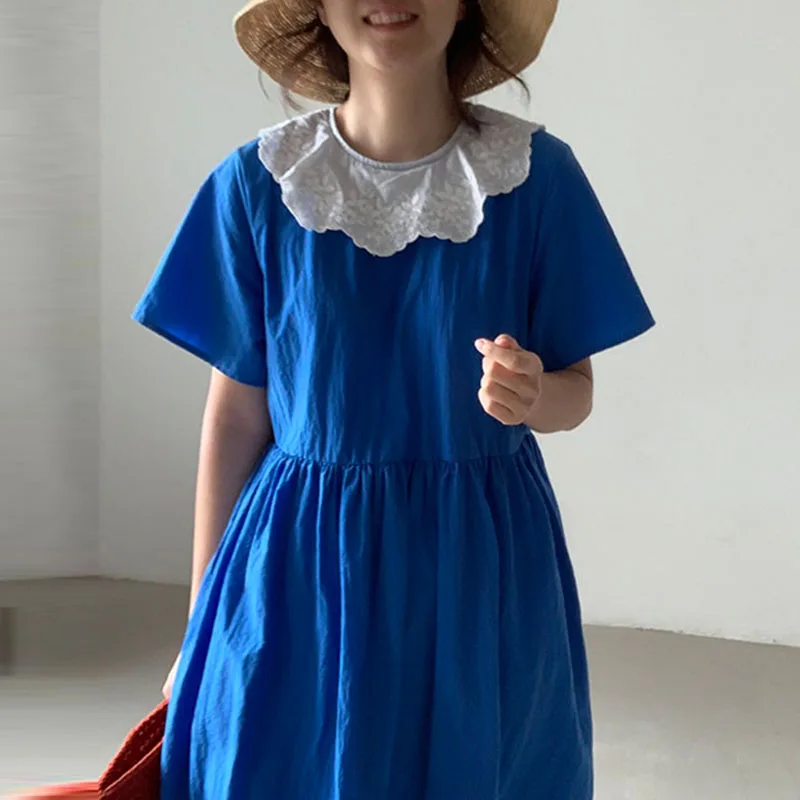 

VANOVICH Korean Summer Vintage Lace Peter Pan Collar Contrast Color A-LINE Dress 2022 Summer New Sweet Mid-Calf Blue Dress