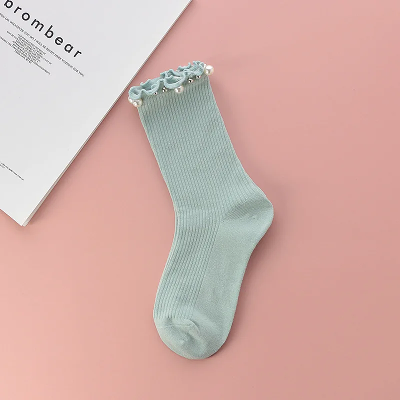 Autumn and Winter Socks New Japanese Ear Edge Beaded Socks Women's Solid Medium Socks Casual Pearl Vintage Fashion Cute Socks