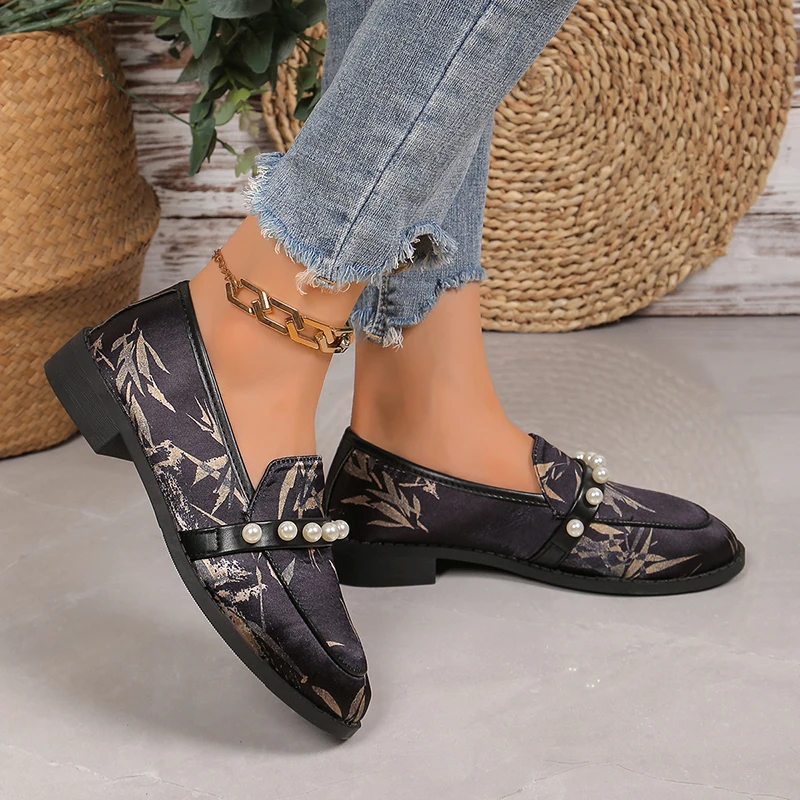 Туфли-лодочки женские с жемчугом бамбуковый принт низкий каблук лоферы без