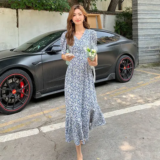 

French Print Bohemian Casual High Dresses Chic Party Women V-Neck Dress Boho Clothing Flower Vintage Retro Party Long Dress